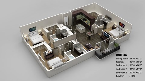 Floor plan for 3 beds, 3 baths, 1452 sqft